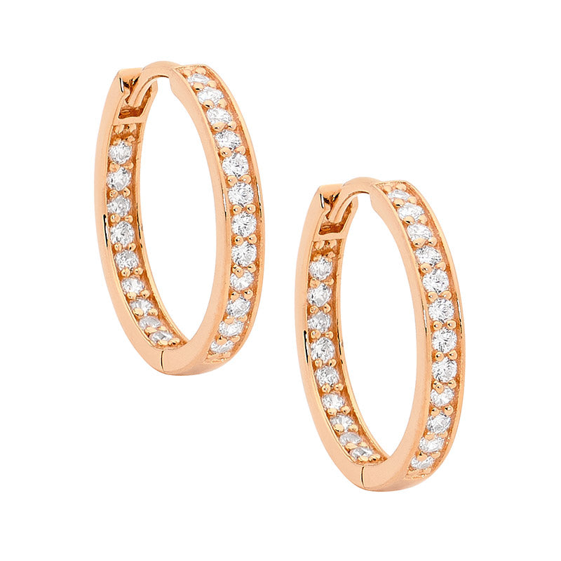 SS WH CZ Single Row Inside Out 18mm Hoop Earrings w/ Rose Gold Plating