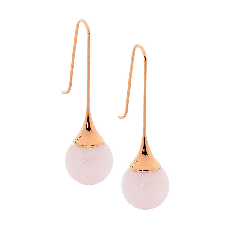 Stainless Steel Drop Earrings with Rose Quartz Ball | Gold Plated