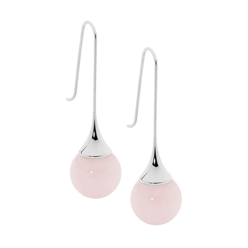 Stainless Steel Long Drop Earrings w/ Rose Quartz Ball