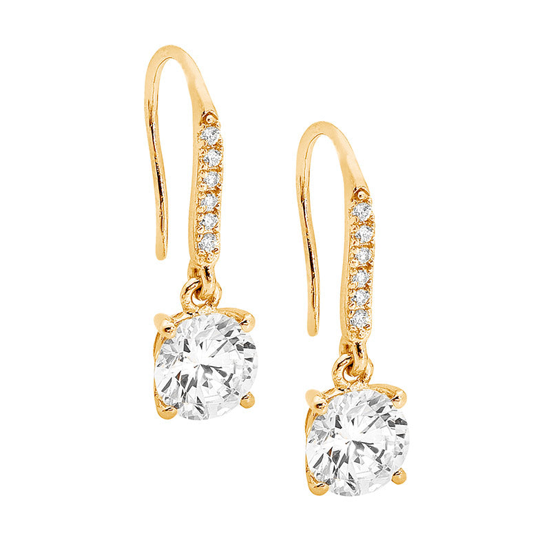 SS WH CZ Shepherds Hook Earrings, 7mm Rnd WH CZ drop, Gold Plating