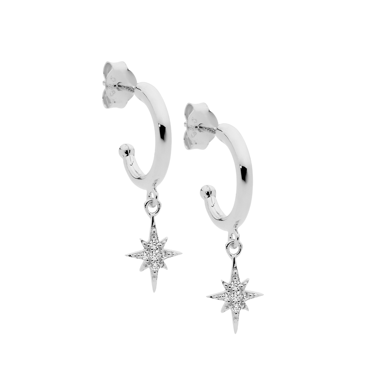 Stg Silver 13mm hoop Earrings With CZ Star Drop