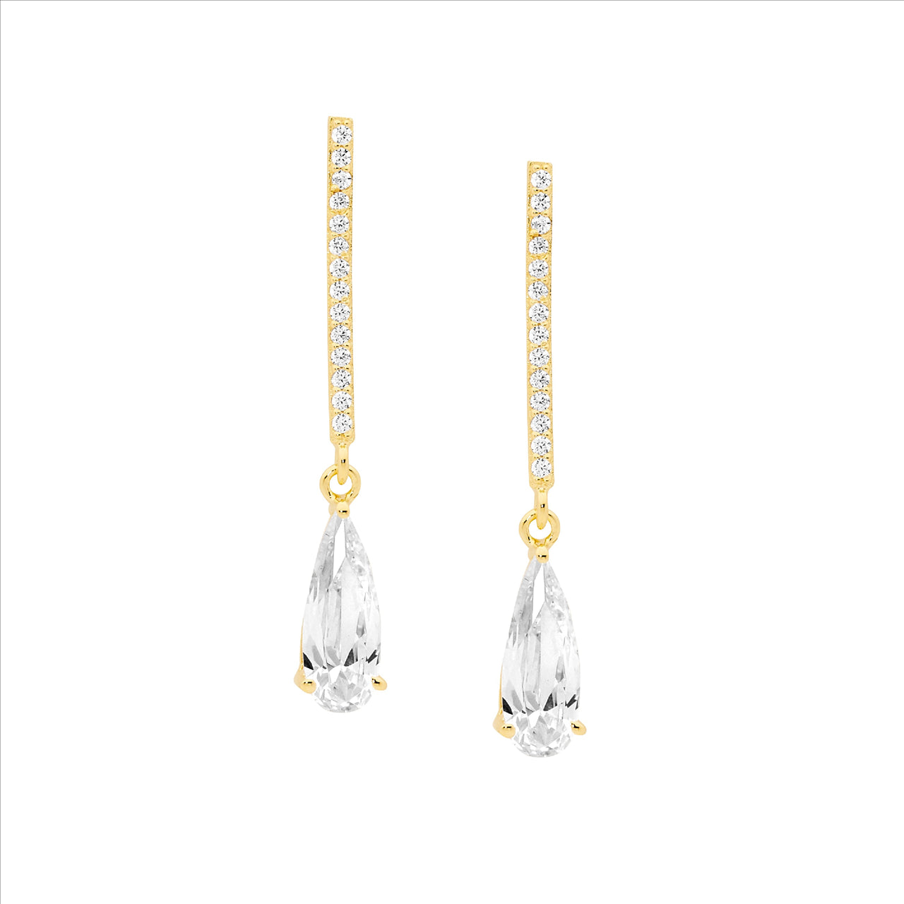 Sterling Silver Wh CZ drop bar w/ Long Tear CZ Earrings, Gold Plating