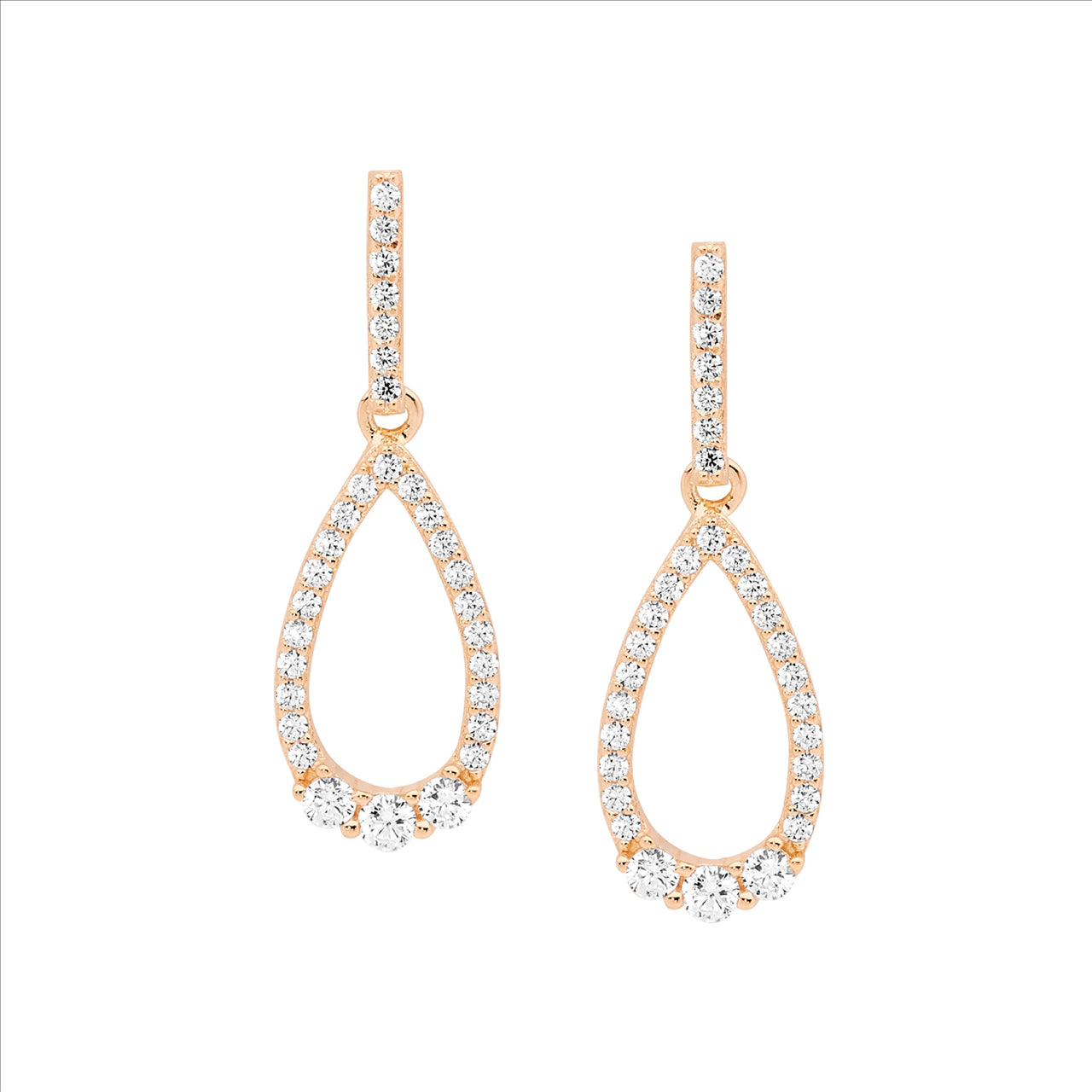 SS WH CZ open tear drop earrings,3x cz feature w/rose gold plating
