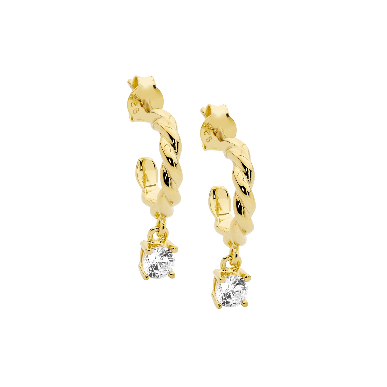 Sterling Silver Twist Hoop Earrings, Cubic Zirconia Drop | Gold Plating