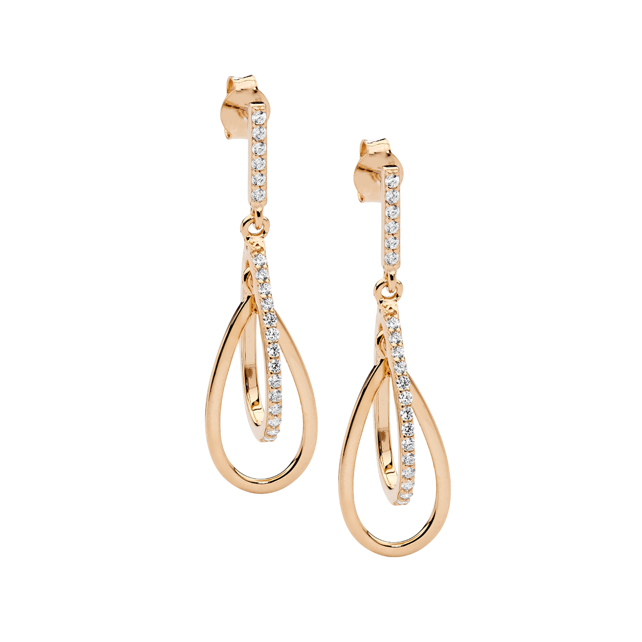 SS wh cz double open tear drop earrings w/rose gold plating