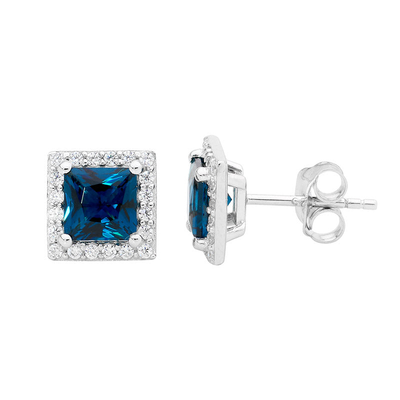 Sterling Silver Square Studs with Blue & White Cubic Zirconia's