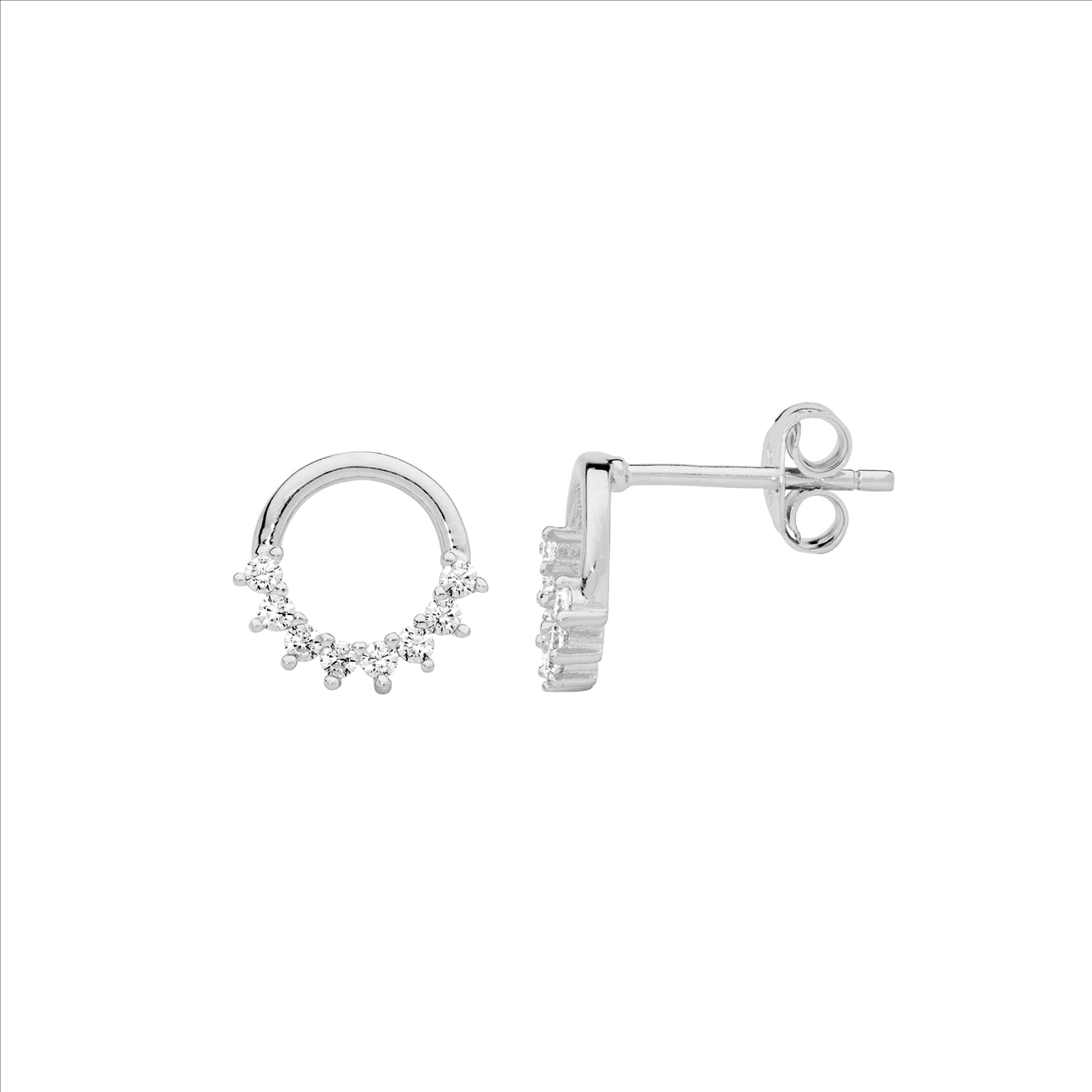 Sterling Silver 9mm Open Circle Earrings, Half Wh CZ Claw Set