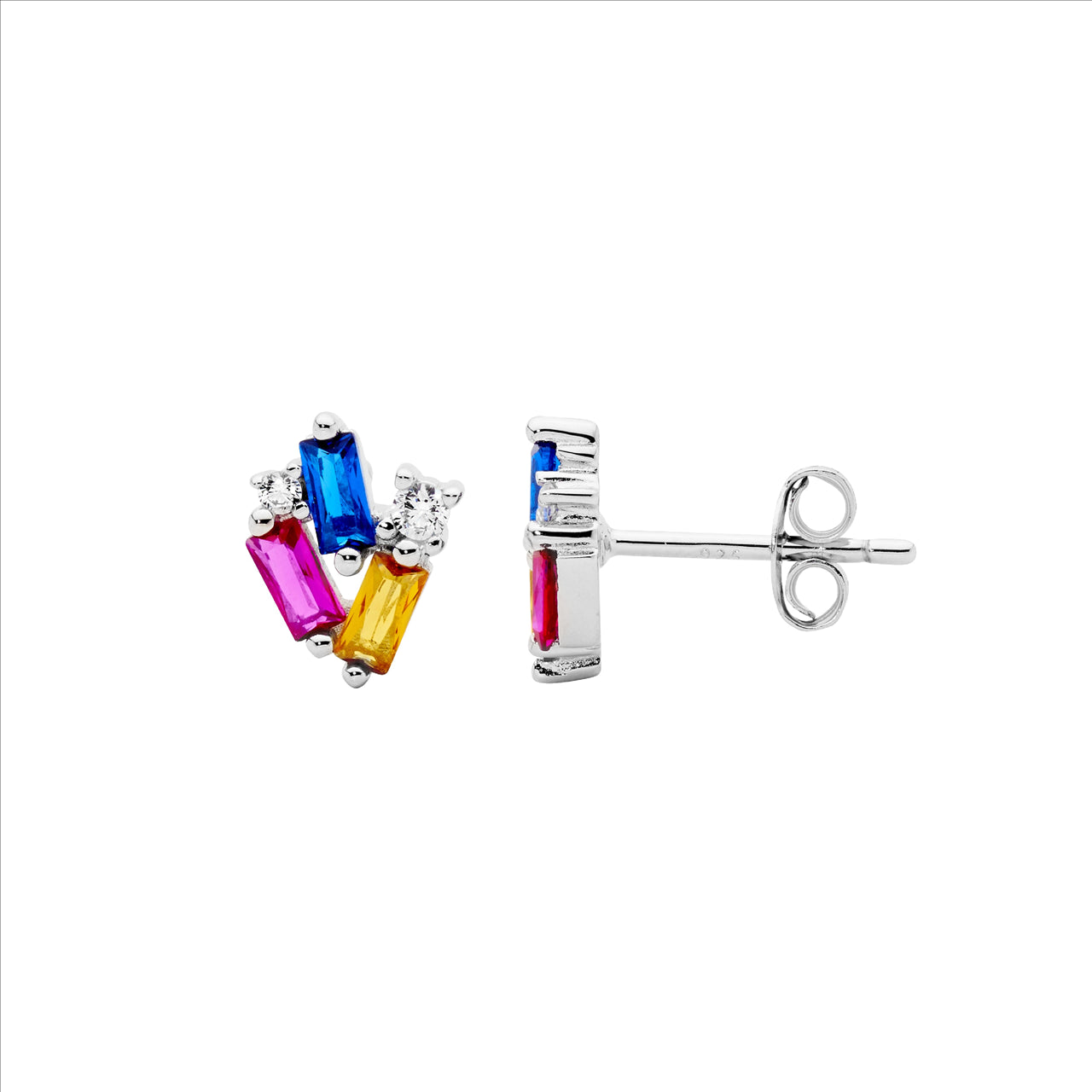 Sterling Silver Staggered Round & Baguette Multi Colour CZ Earrings