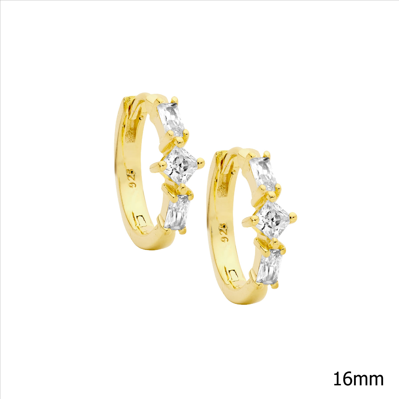 Sterling Silver Baguette & Princess Wh CZ 16mm Hoop Earrings w/Gold Plating