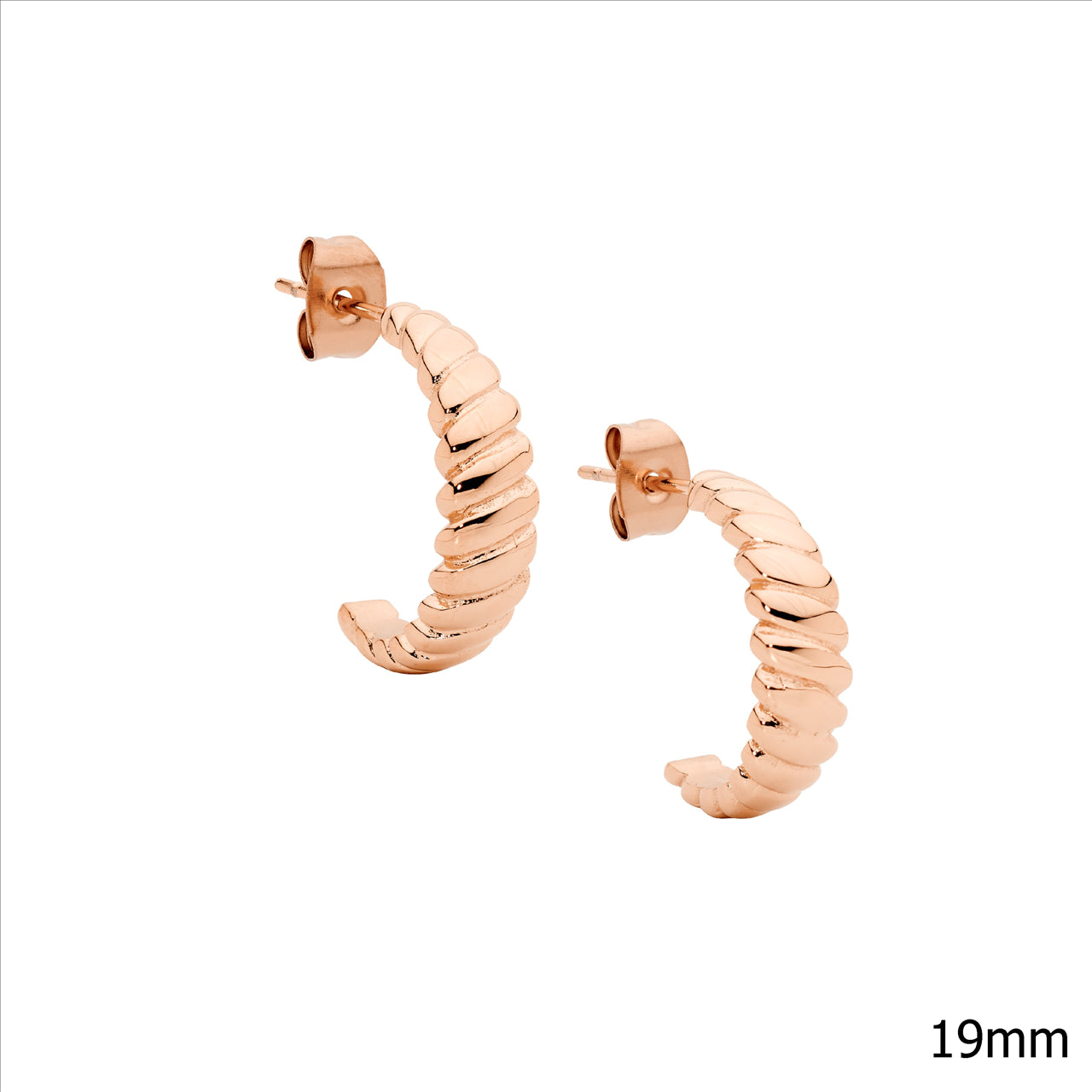 Stainless Steel 19mm Rounded Twist Hoop Stud Earrings w/Rose Gold IP Plating