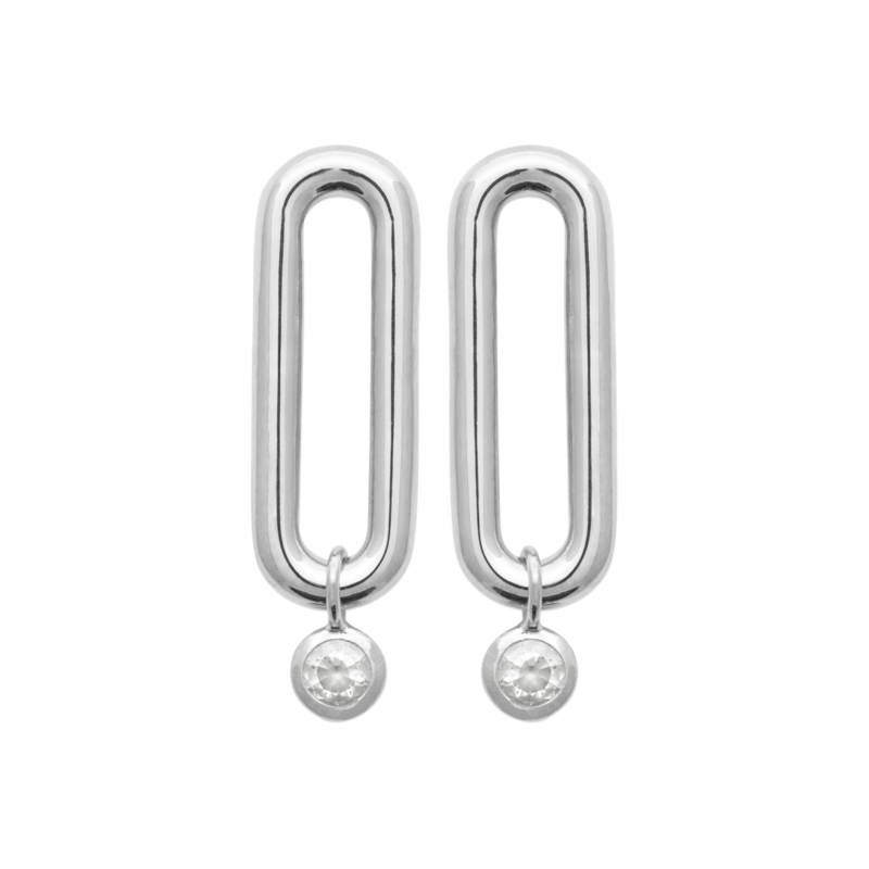 Sterling Silver Flat Paperclip w/ Bezel CZ Drop Stud Earrings