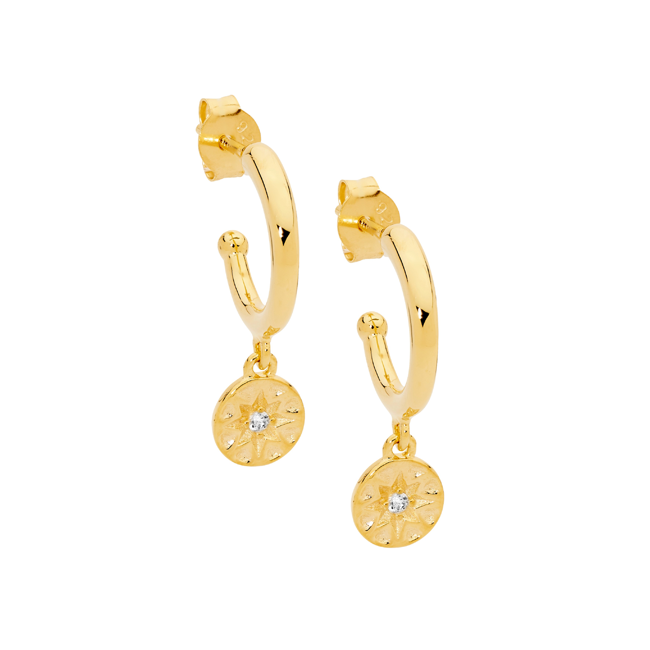 Sterling Silver Hoop Earrings, Cubic Zirconia Star Disk | Gold Plating