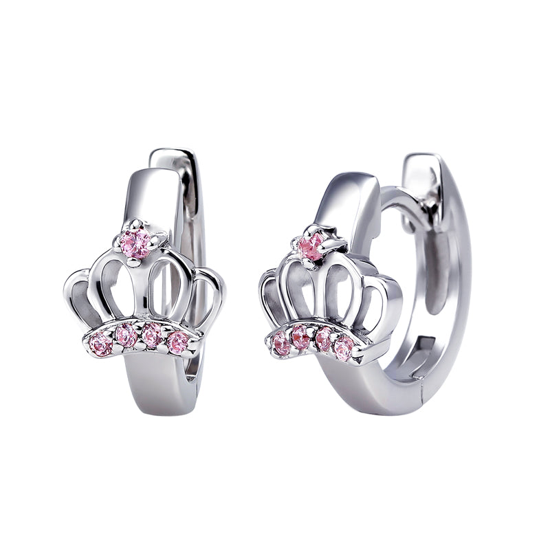 Sterling Silver Crown Huggies with Pink Cubic Zirconia
