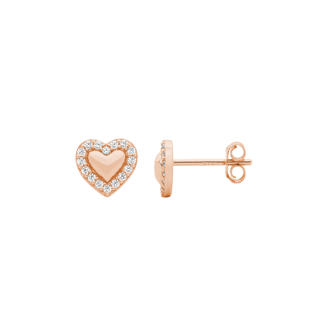 Sterling Silver Heart Earrings with Cubic Zirconia Surround | Rose Gold Plating