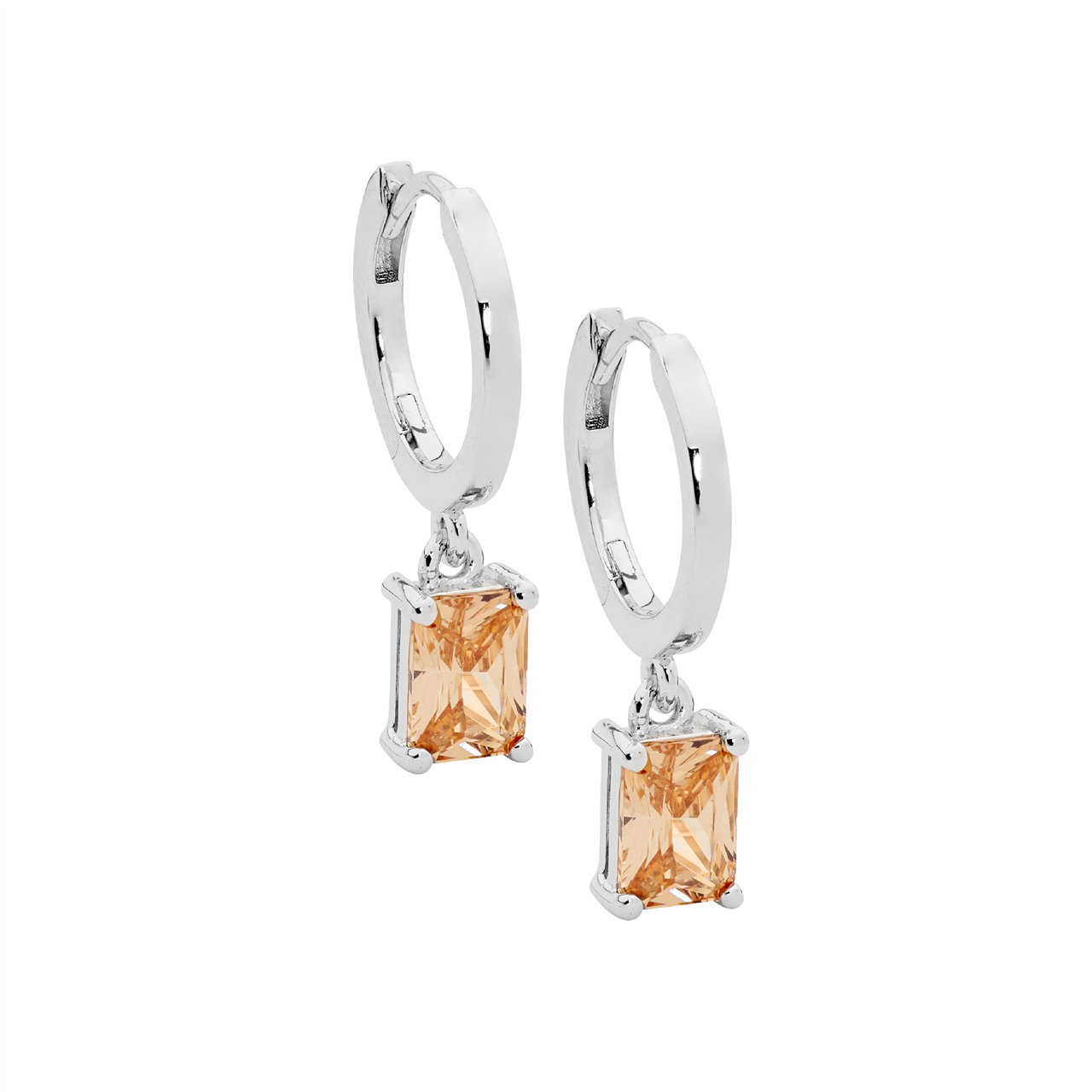 Sterling Silver Huggie Earrings with Champagne Cubic Zirconia Drop