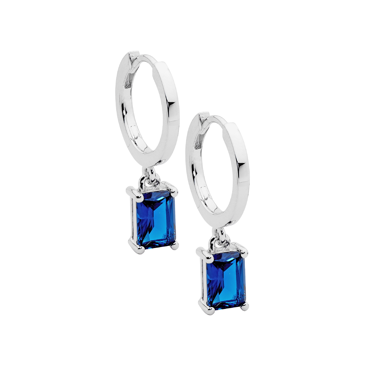 Sterling Silver Huggie Earrings London Blue Cubic Zirconia Drop