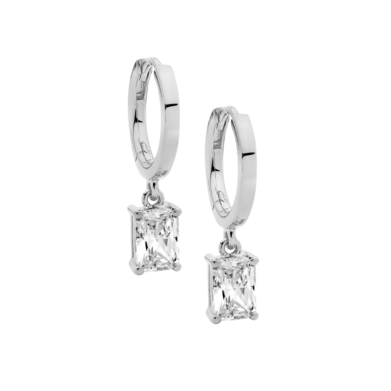 Sterling Silver Huggie Earrings Radiant Cubic Zirconia Drop