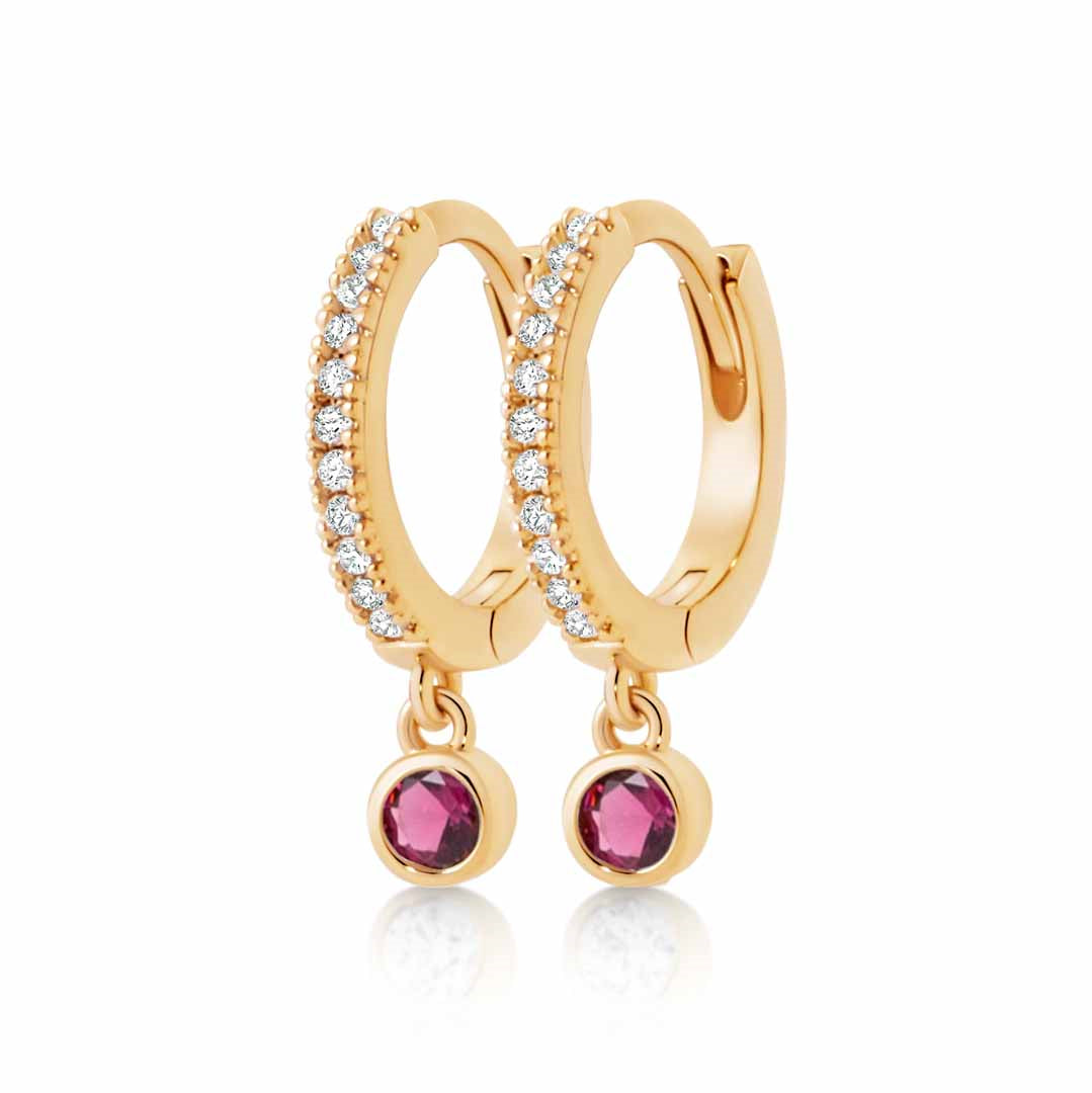 18ct Yellow Gold Plated Cubic Zirconia Huggie Earrings with Pink Drop