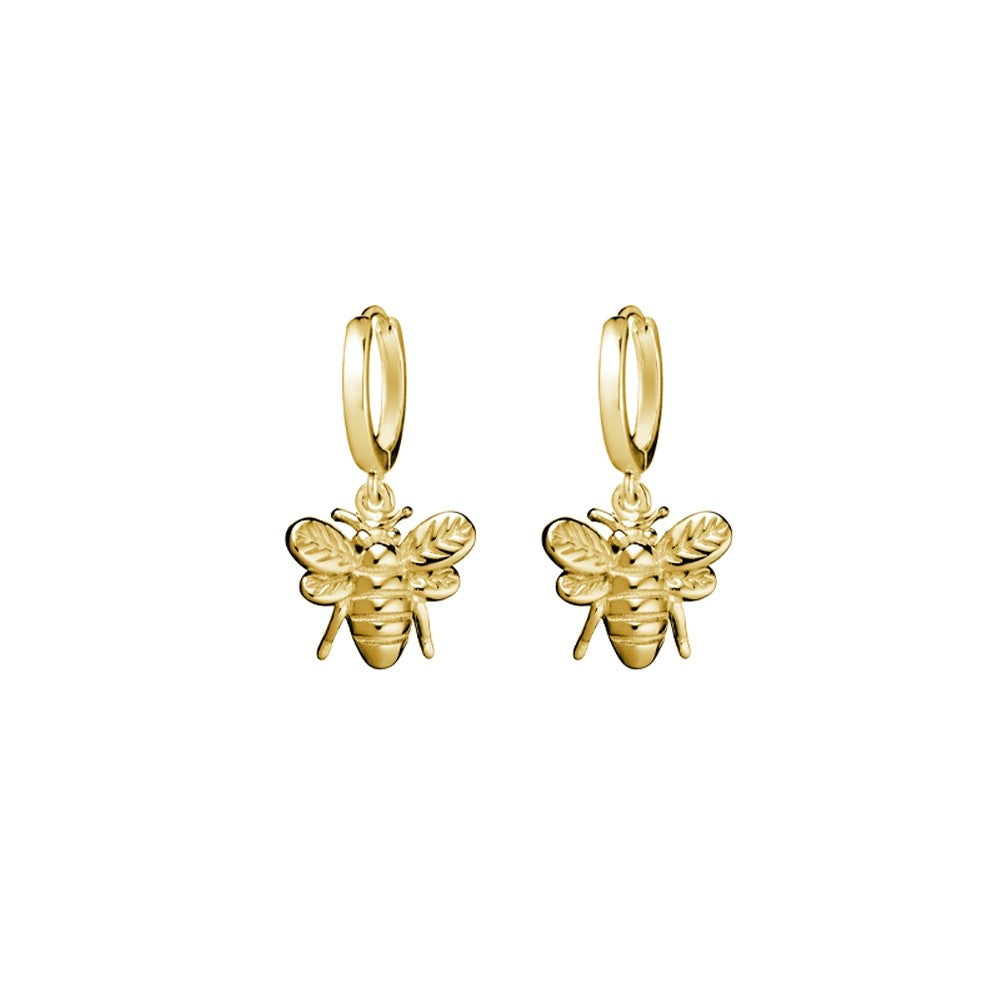 Sterling Silver Huggie Earrings with Bee Charm | Gold Plated